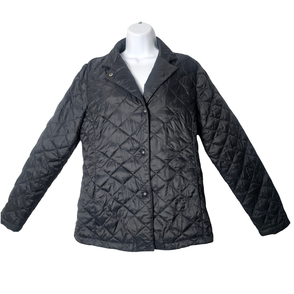 LL Bean Quilted Barn Jacket Black Snap Front Button Collar Women's‎ M Minimalist